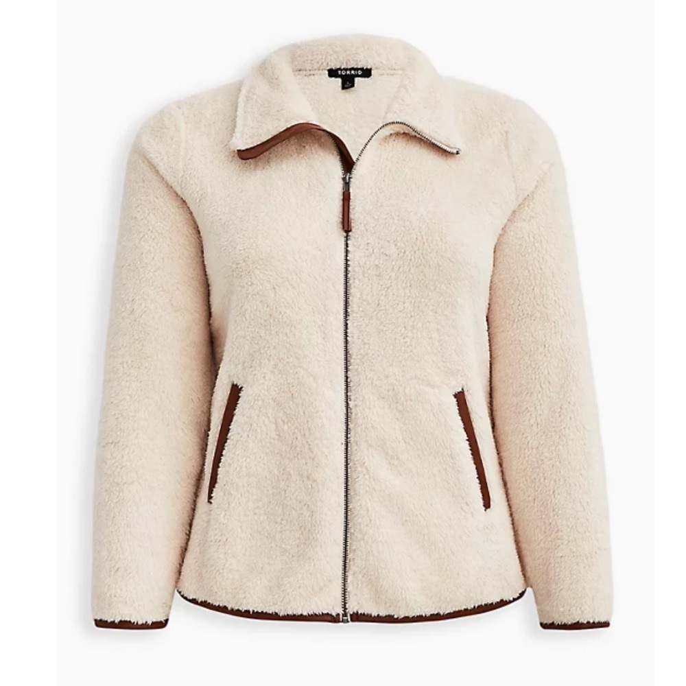 ZIP FRONT JACKET - FAUX SHEARLING CONTRAST TRIM IVORY